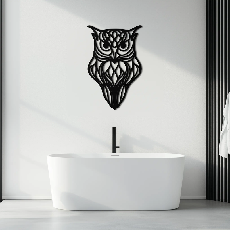 Artistic Owl Silhouette Metal Wall Art – Intricate Black Animal Decor- KAF546 by Enova Art