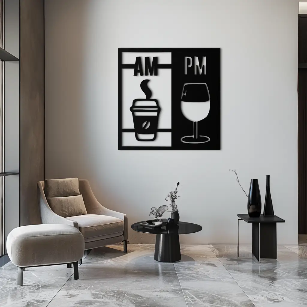 Morning Coffee and Evening Wine Metal Wall Art – AM PM Modern Black Kitchen Decor- KAF547 by Enova Art