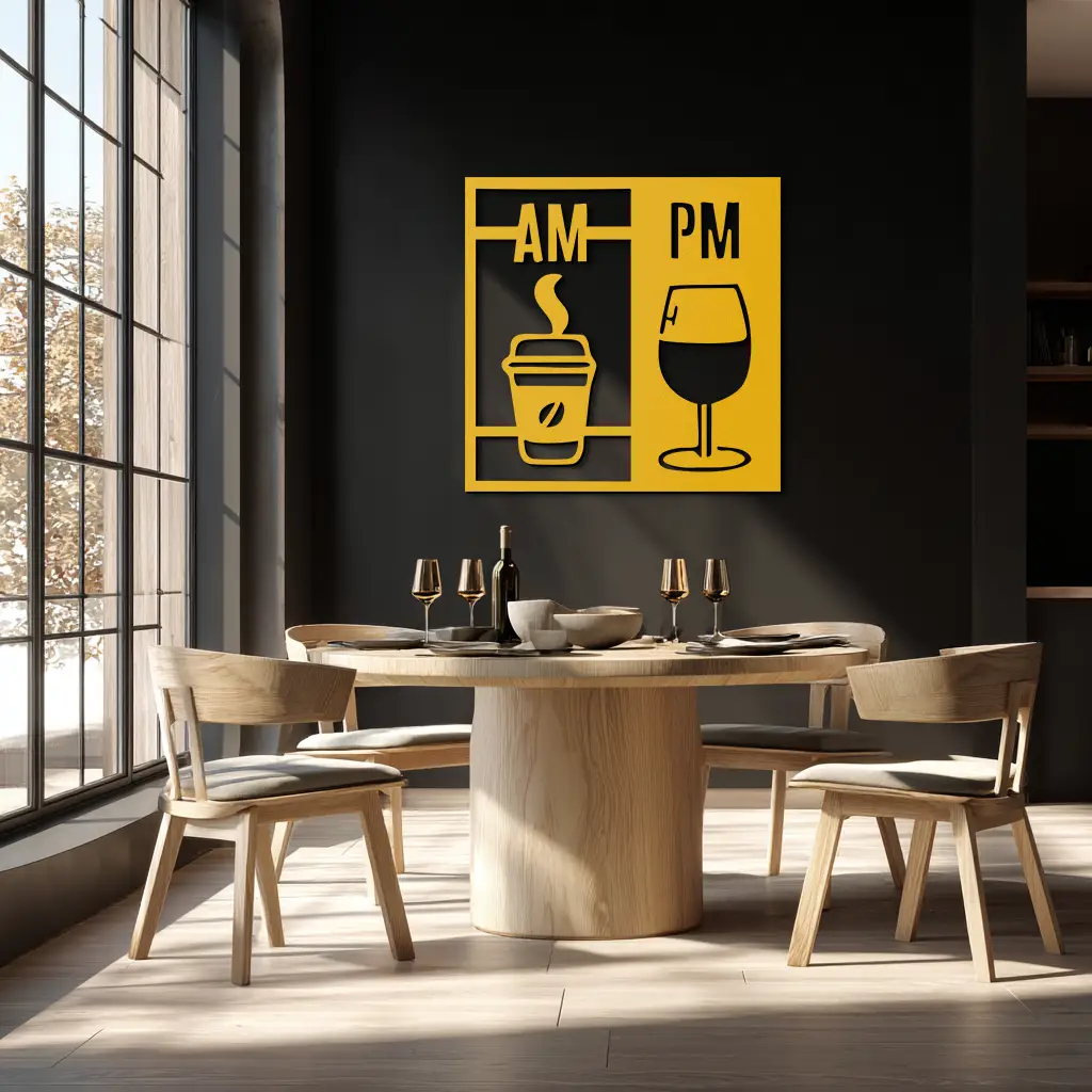 Morning Coffee and Evening Wine Metal Wall Art – AM PM Modern Black Kitchen Decor- KAF547 by Enova Art