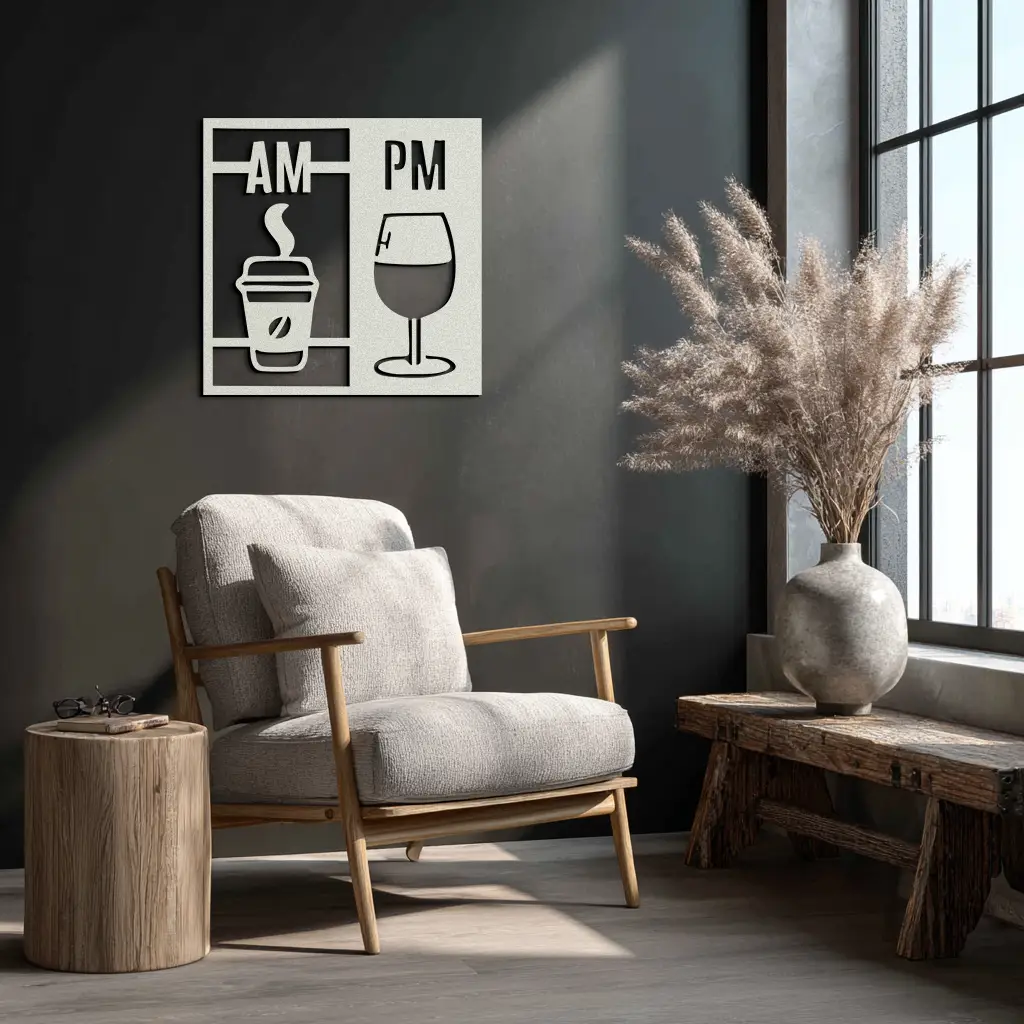 Morning Coffee and Evening Wine Metal Wall Art – AM PM Modern Black Kitchen Decor- KAF547 by Enova Art