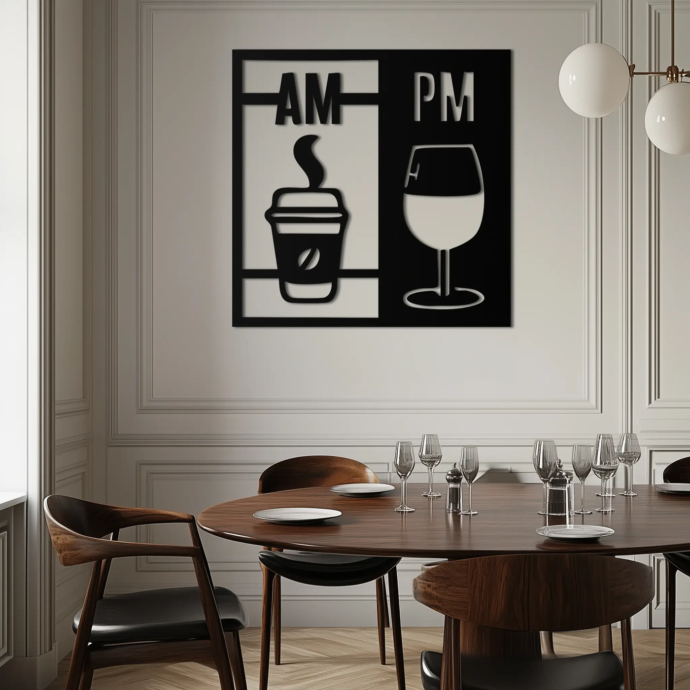 Morning Coffee and Evening Wine Metal Wall Art – AM PM Modern Black Kitchen Decor- KAF547 by Enova Art