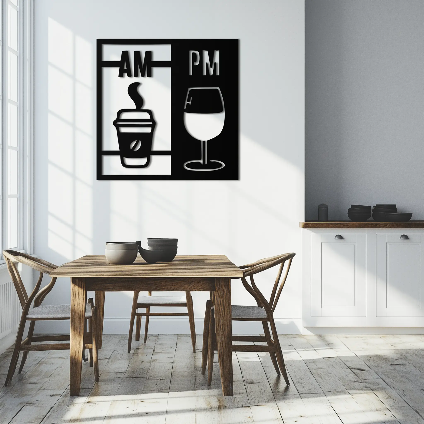 Morning Coffee and Evening Wine Metal Wall Art – AM PM Modern Black Kitchen Decor- KAF547 by Enova Art