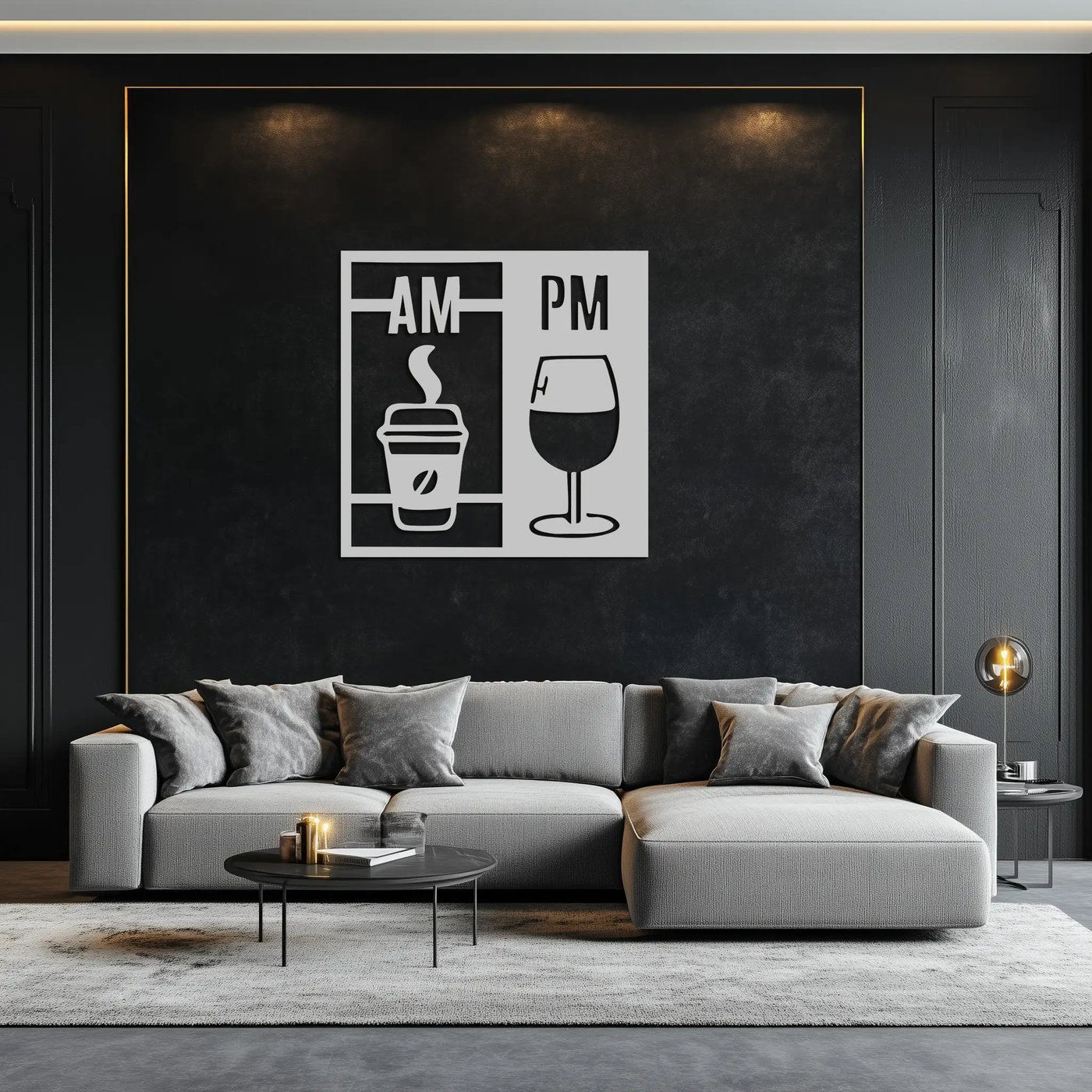 Morning Coffee and Evening Wine Metal Wall Art – AM PM Modern Black Kitchen Decor- KAF547 by Enova Art