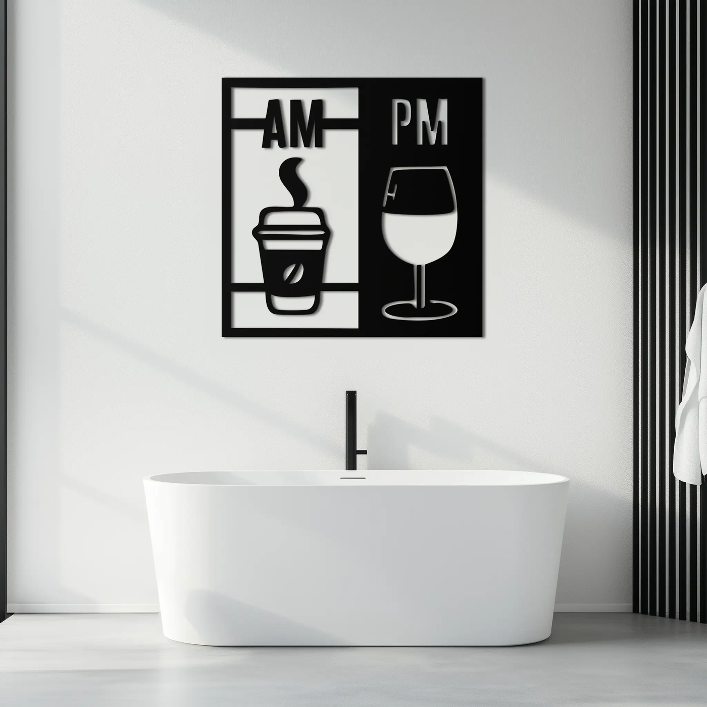 Morning Coffee and Evening Wine Metal Wall Art – AM PM Modern Black Kitchen Decor- KAF547 by Enova Art
