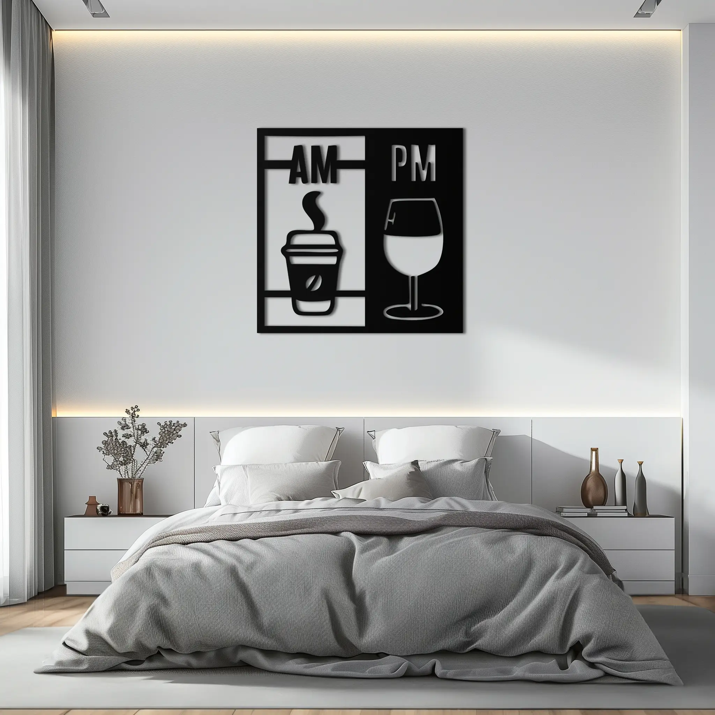 Morning Coffee and Evening Wine Metal Wall Art – AM PM Modern Black Kitchen Decor- KAF547 by Enova Art