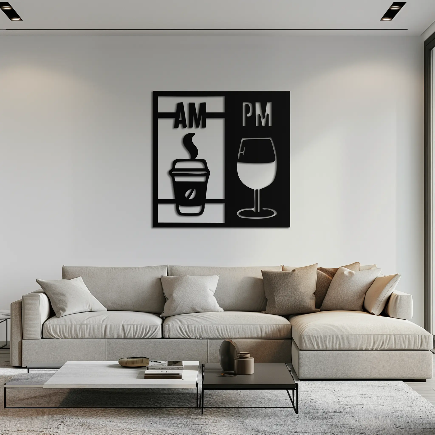 Morning Coffee and Evening Wine Metal Wall Art – AM PM Modern Black Kitchen Decor- KAF547 by Enova Art