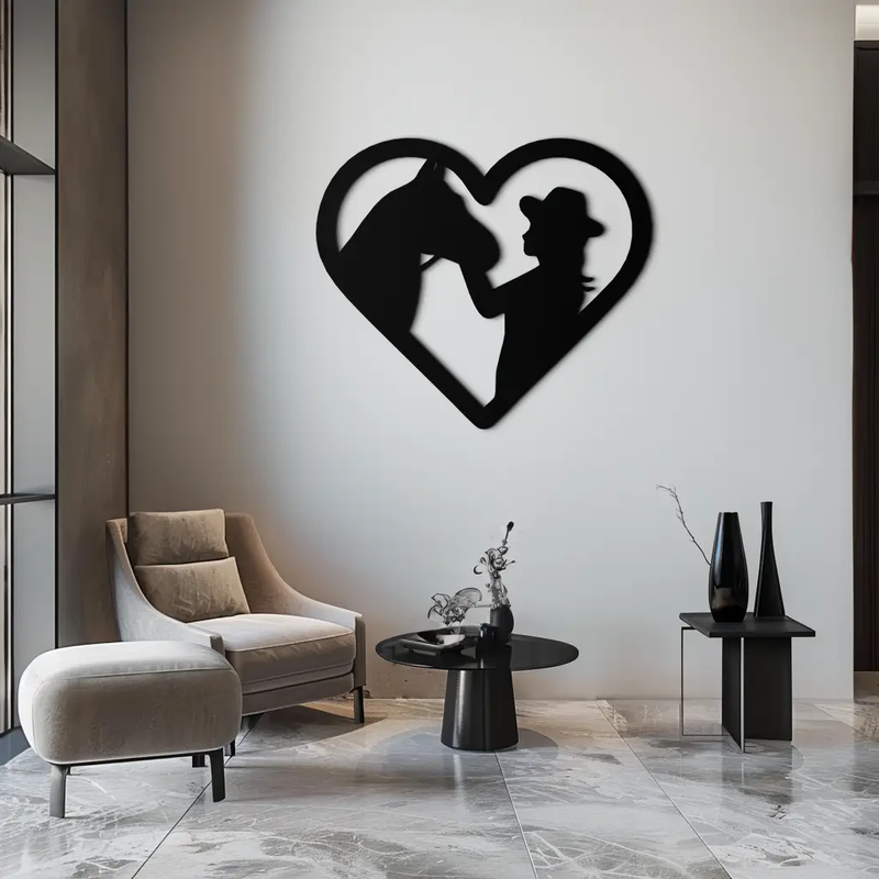 Girl and Horse Silhouette Heart Metal Wall Art – Farmhouse Horse Lover Gift- KAF548 by Enova Art