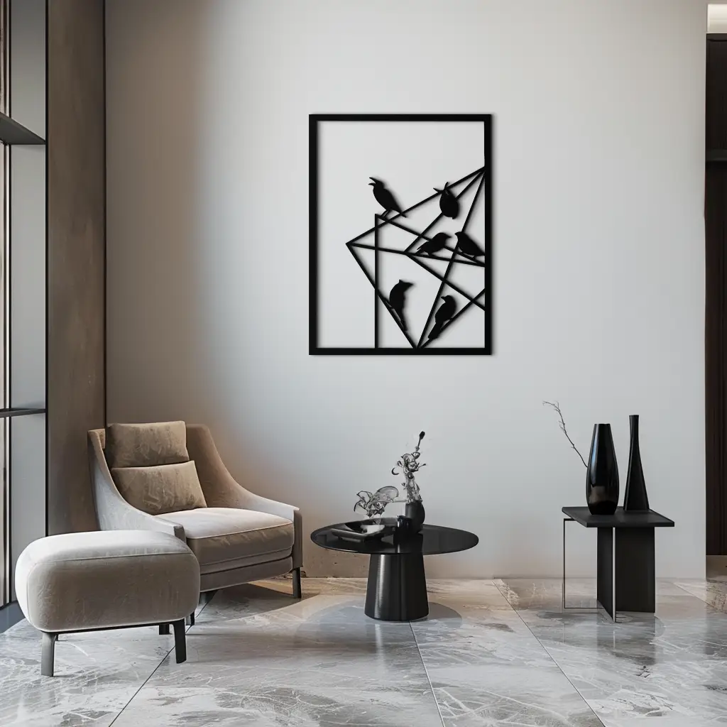 Geometric Birds Gathering Metal Wall Art – Modern Minimalist Black Wall Decor- KAF549 by Enova Art