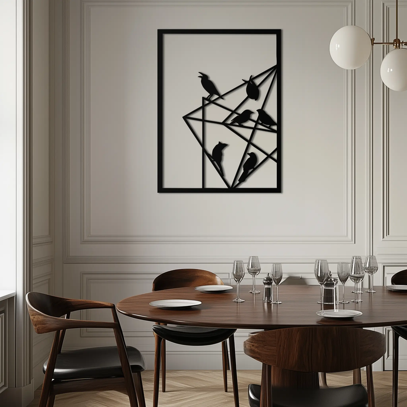 Geometric Birds Gathering Metal Wall Art – Modern Minimalist Black Wall Decor- KAF549 by Enova Art