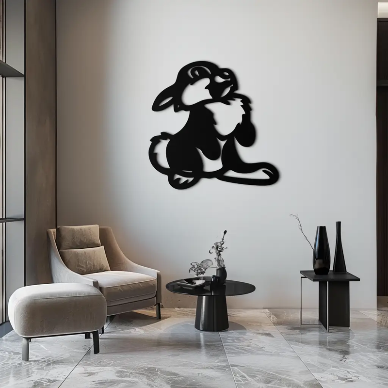 Cute Cartoon Bunny Metal Wall Art – Adorable Black Nursery Decor for Kids Room- KAF550 by Enova Art