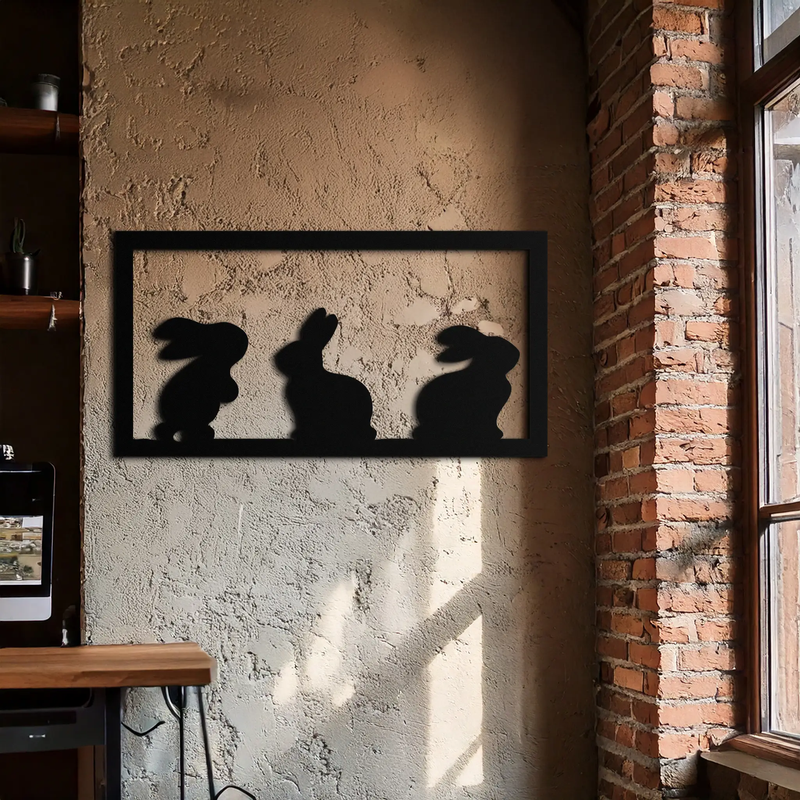 Three Bunny Silhouette Metal Wall Art – Minimalist Black Animal Decor for Nursery and Home- KAF551 by Enova Art
