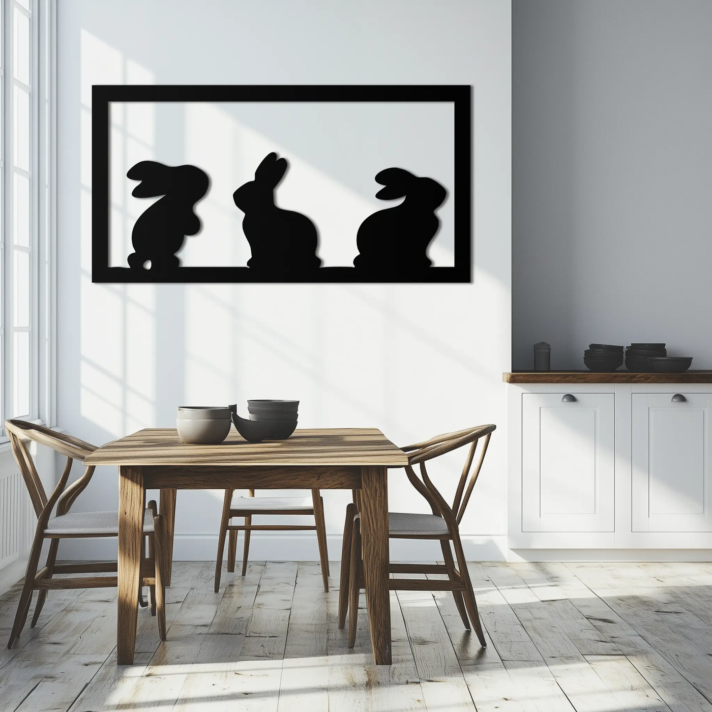 Three Bunny Silhouette Metal Wall Art – Minimalist Black Animal Decor for Nursery and Home- KAF551 by Enova Art