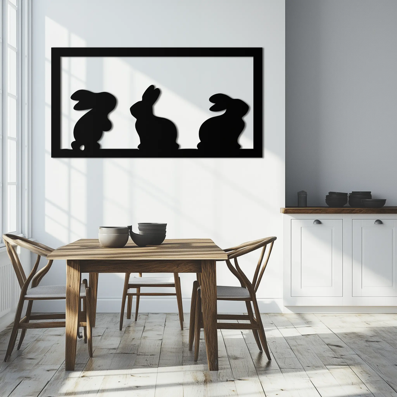 Three Bunny Silhouette Metal Wall Art – Minimalist Black Animal Decor for Nursery and Home- KAF551 by Enova Art
