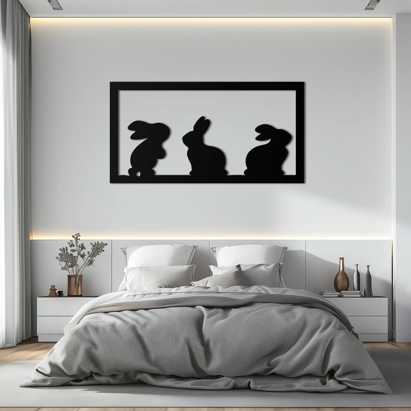 Three Bunny Silhouette Metal Wall Art – Minimalist Black Animal Decor for Nursery and Home- KAF551 by Enova Art