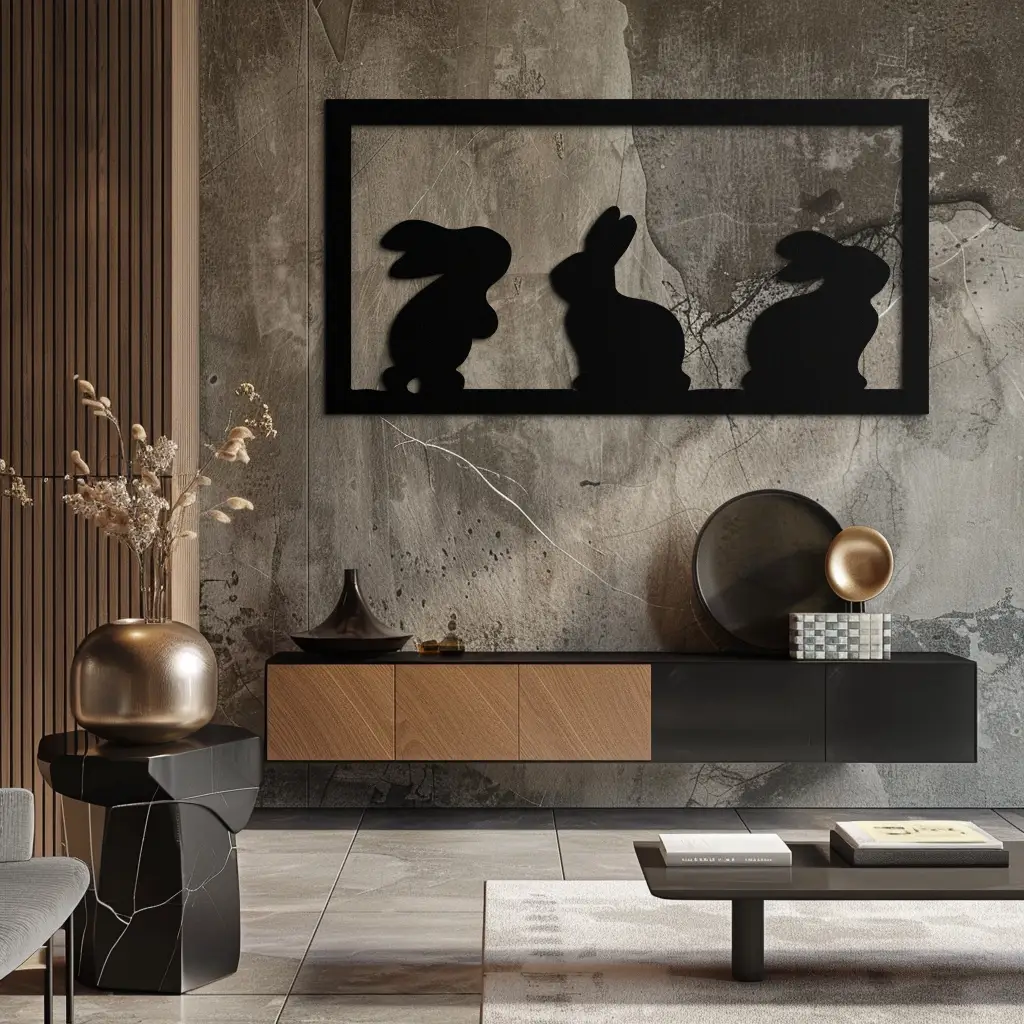 Three Bunny Silhouette Metal Wall Art – Minimalist Black Animal Decor for Nursery and Home- KAF551 by Enova Art