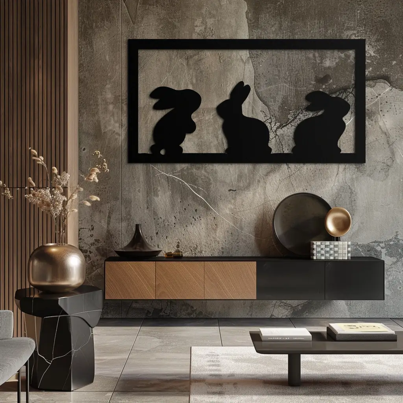 Three Bunny Silhouette Metal Wall Art – Minimalist Black Animal Decor for Nursery and Home- KAF551 by Enova Art