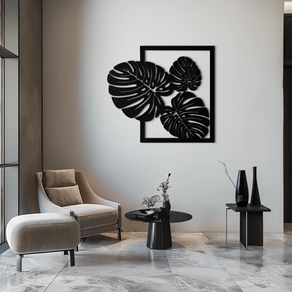 Monstera Leaf Metal Wall Art – Modern Tropical Black Wall Decor for Living Room- KAF552 by Enova Art