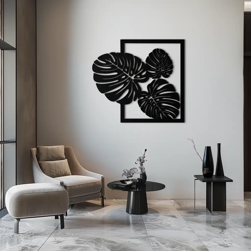 Monstera Leaf Metal Wall Art – Modern Tropical Black Wall Decor for Living Room- KAF552 by Enova Art
