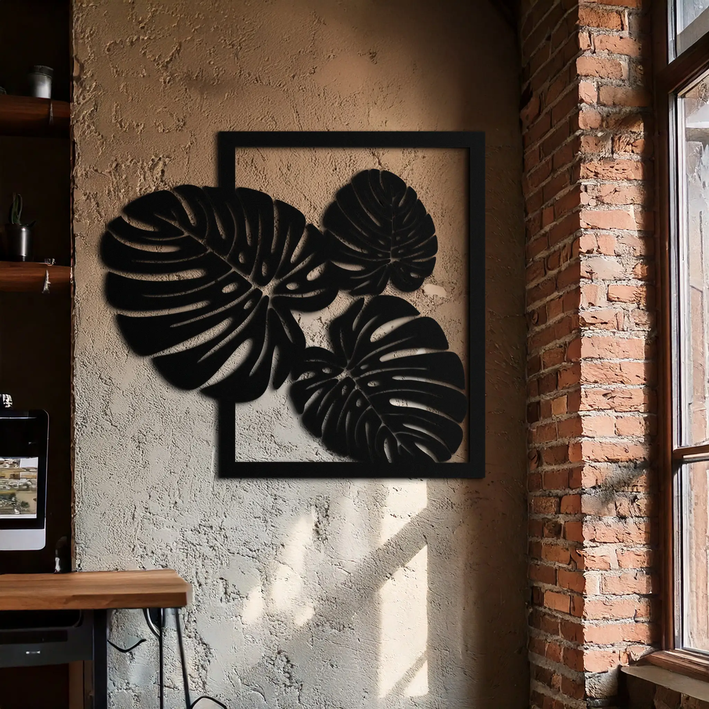 Monstera Leaf Metal Wall Art – Modern Tropical Black Wall Decor for Living Room- KAF552 by Enova Art