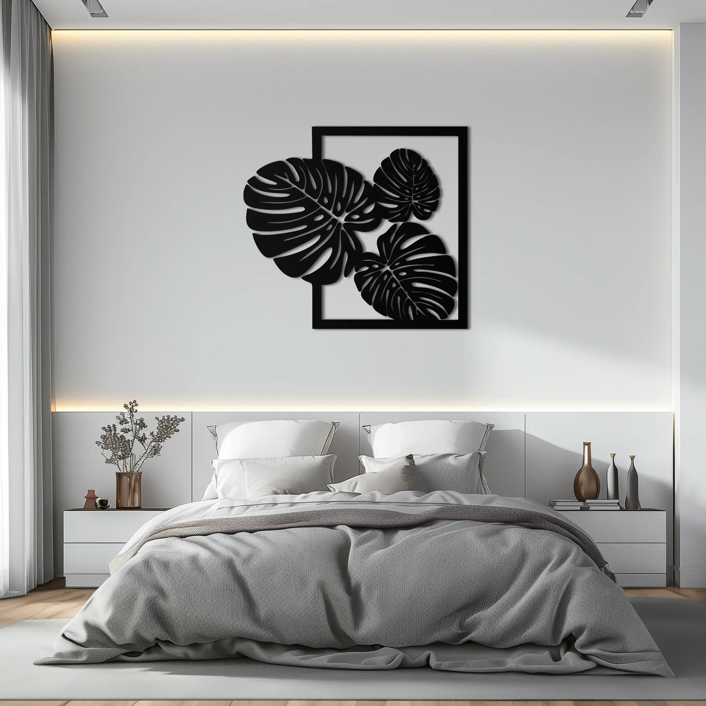 Monstera Leaf Metal Wall Art – Modern Tropical Black Wall Decor for Living Room- KAF552 by Enova Art
