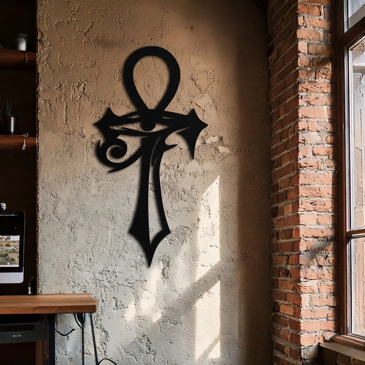 Egyptian Ankh Cross with Eye of Horus Metal Wall Art – Spiritual Symbol Black Wall Decor- KAF557 by Enova Art
