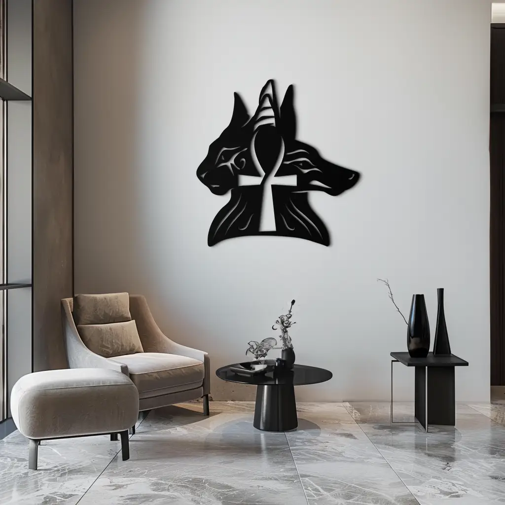 Egyptian Cat and Jackal Metal Wall Art – Ankh Cross Black Wall Decor- KAF558 by Enova Art