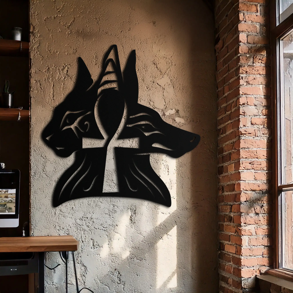 Egyptian Cat and Jackal Metal Wall Art – Ankh Cross Black Wall Decor- KAF558 by Enova Art