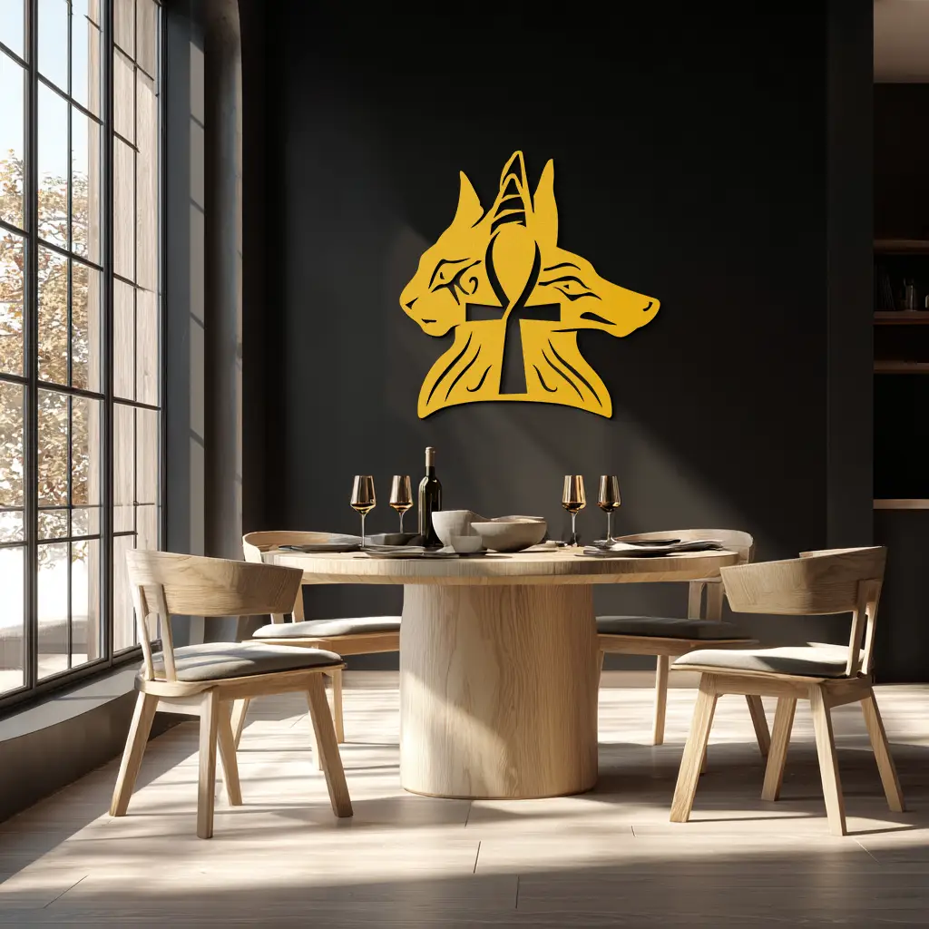 Egyptian Cat and Jackal Metal Wall Art – Ankh Cross Black Wall Decor- KAF558 by Enova Art