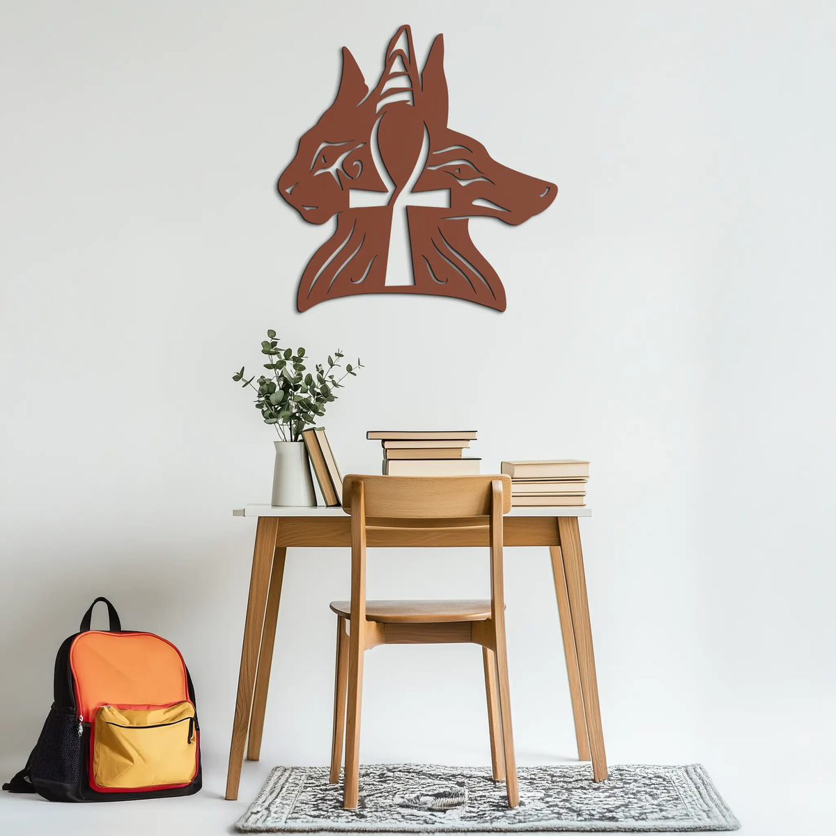 Egyptian Cat and Jackal Metal Wall Art – Ankh Cross Black Wall Decor- KAF558 by Enova Art