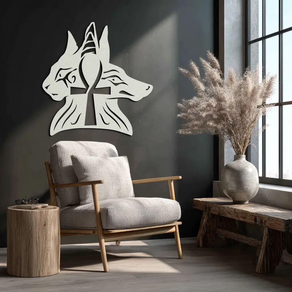 Egyptian Cat and Jackal Metal Wall Art – Ankh Cross Black Wall Decor- KAF558 by Enova Art
