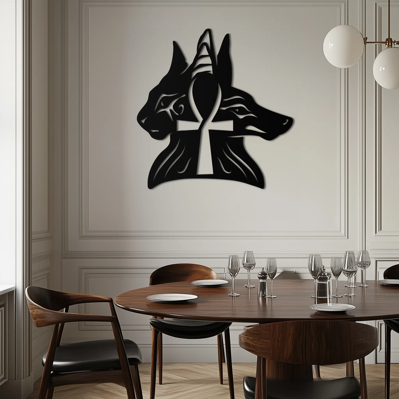 Egyptian Cat and Jackal Metal Wall Art – Ankh Cross Black Wall Decor- KAF558 by Enova Art