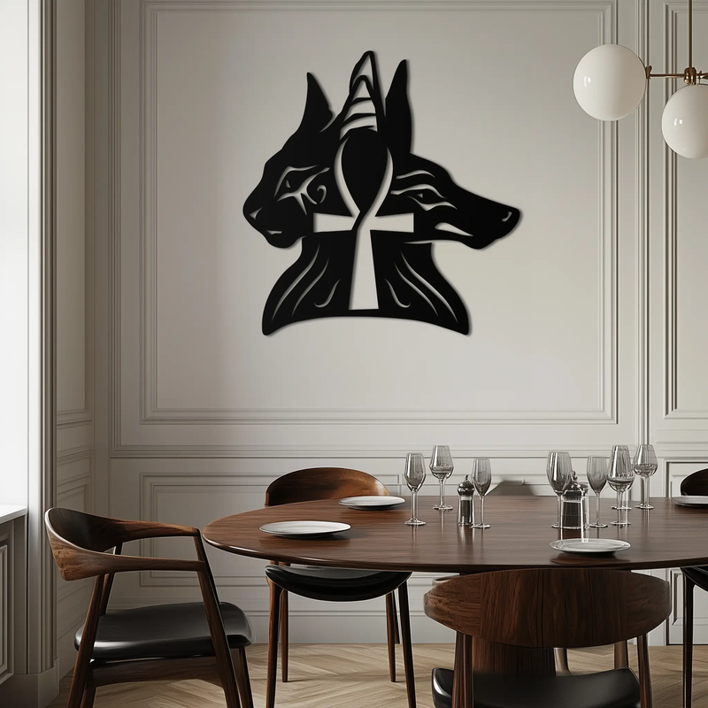 Egyptian Cat and Jackal Metal Wall Art – Ankh Cross Black Wall Decor- KAF558 by Enova Art