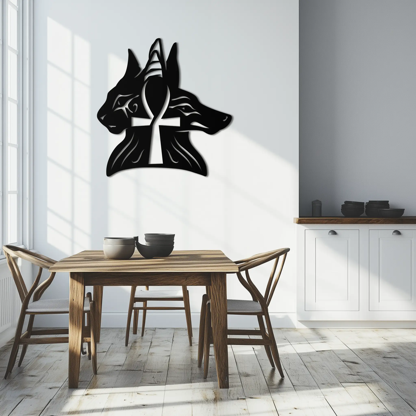 Egyptian Cat and Jackal Metal Wall Art – Ankh Cross Black Wall Decor- KAF558 by Enova Art