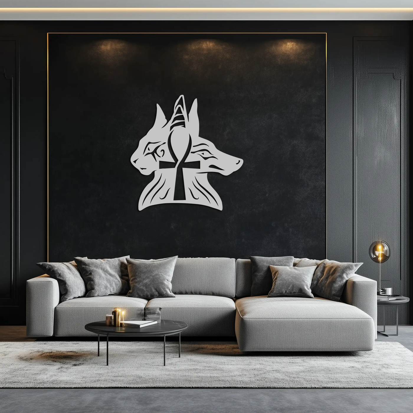 Egyptian Cat and Jackal Metal Wall Art – Ankh Cross Black Wall Decor- KAF558 by Enova Art