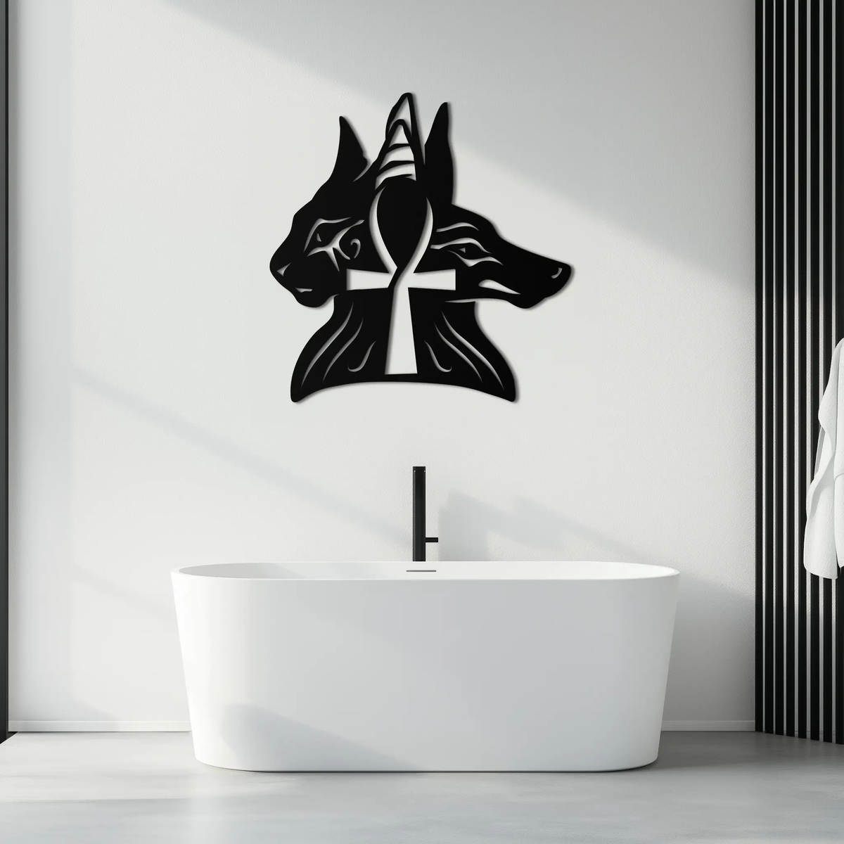 Egyptian Cat and Jackal Metal Wall Art – Ankh Cross Black Wall Decor- KAF558 by Enova Art