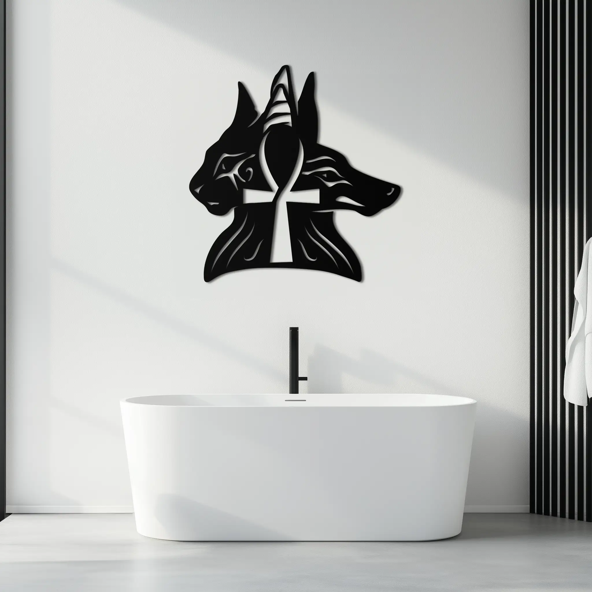 Egyptian Cat and Jackal Metal Wall Art – Ankh Cross Black Wall Decor- KAF558 by Enova Art