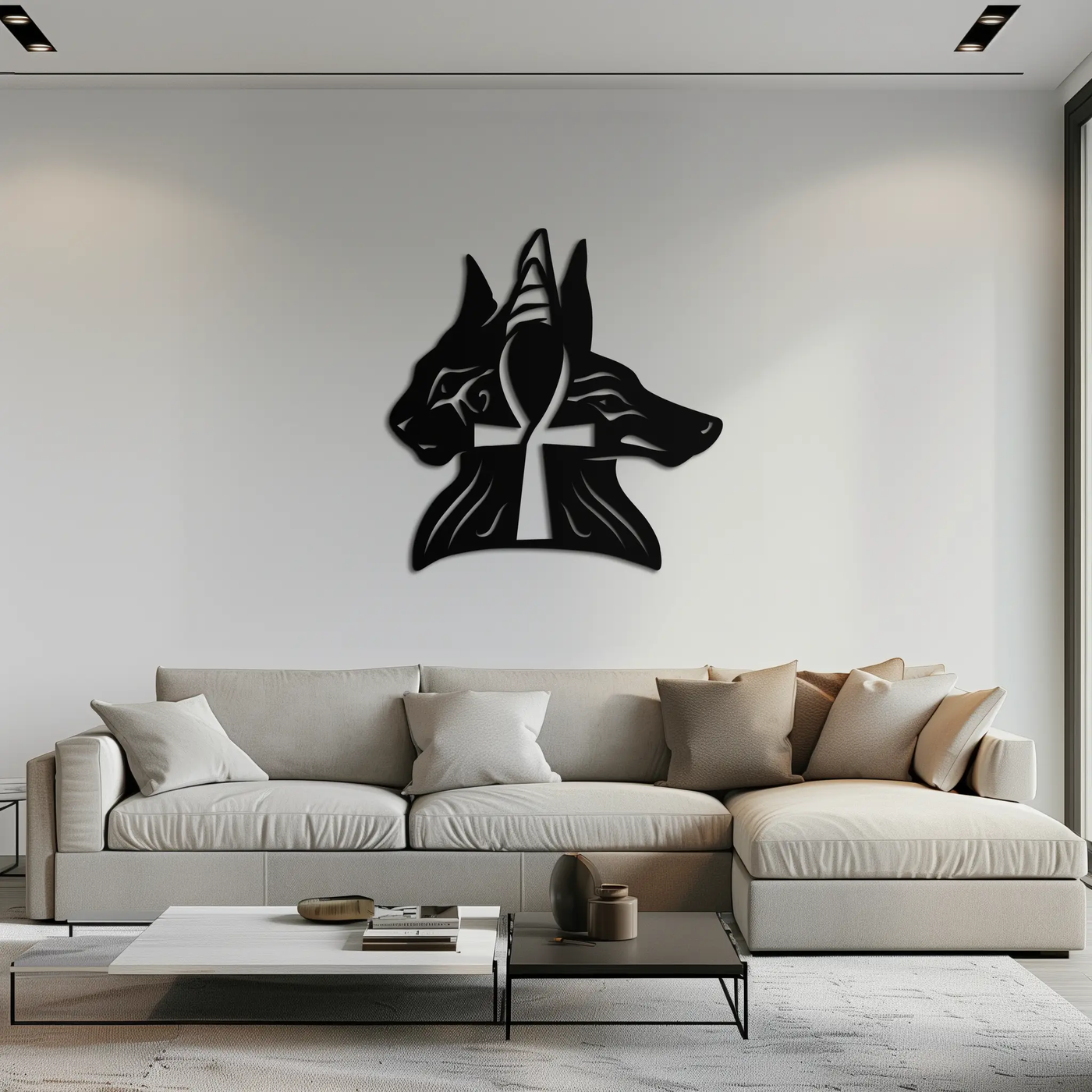 Egyptian Cat and Jackal Metal Wall Art – Ankh Cross Black Wall Decor- KAF558 by Enova Art