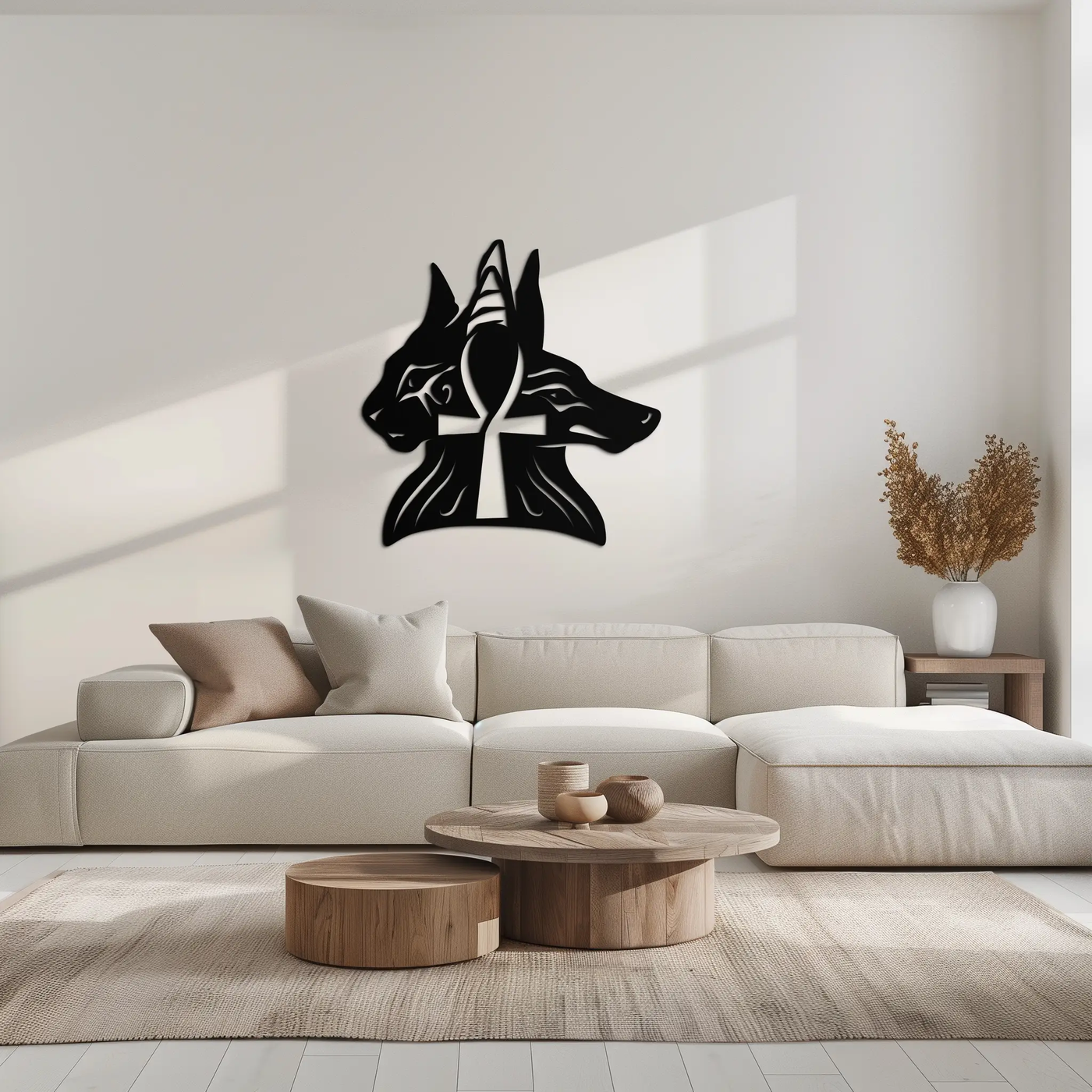 Egyptian Cat and Jackal Metal Wall Art – Ankh Cross Black Wall Decor- KAF558 by Enova Art