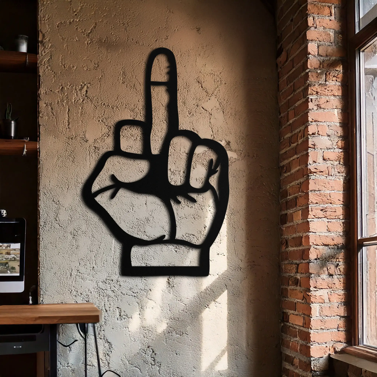 Funny Middle Finger Metal Wall Art – Bold and Playful Black Home Decor- KAF562 by Enova Art