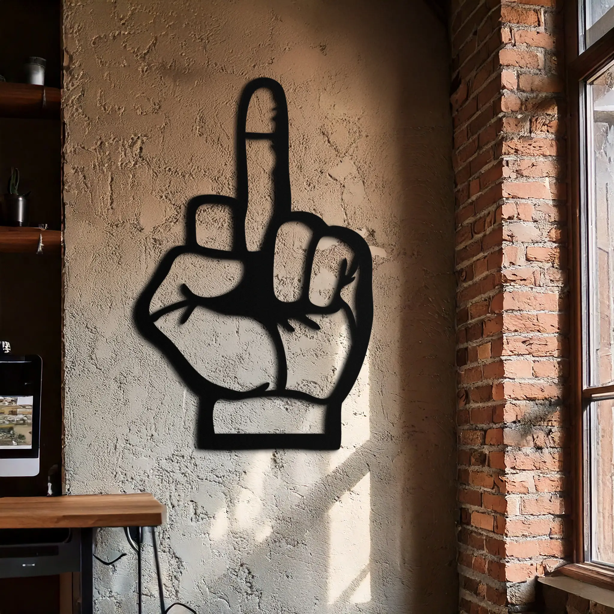 Funny Middle Finger Metal Wall Art – Bold and Playful Black Home Decor- KAF562 by Enova Art