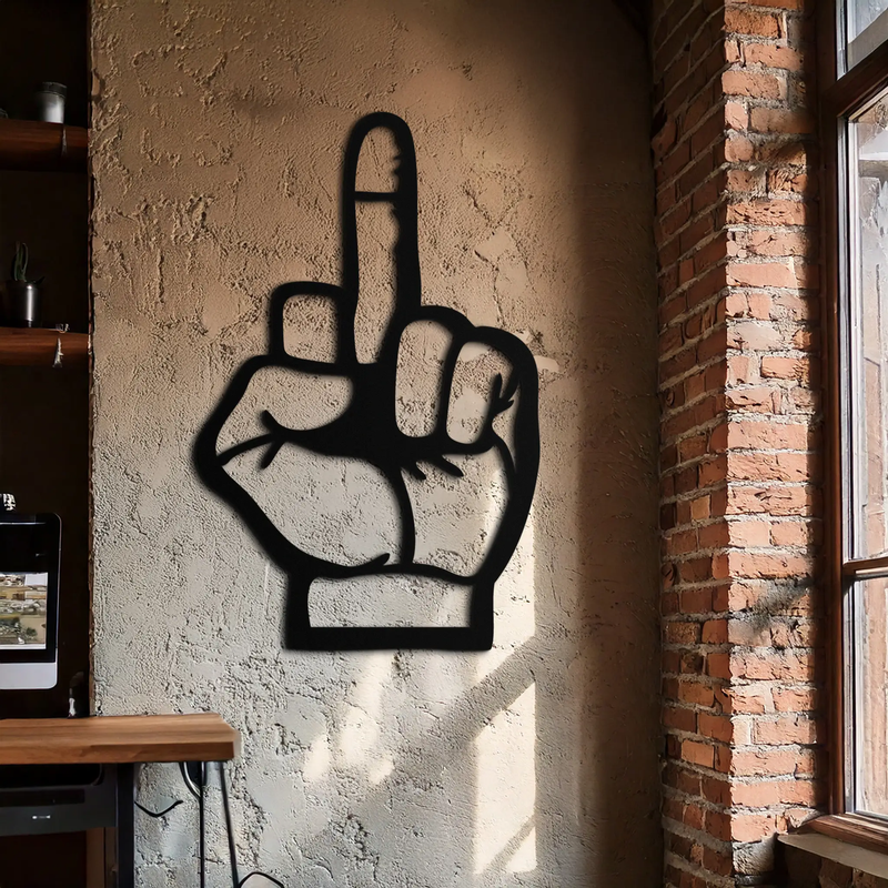 Funny Middle Finger Metal Wall Art – Bold and Playful Black Home Decor- KAF562 by Enova Art