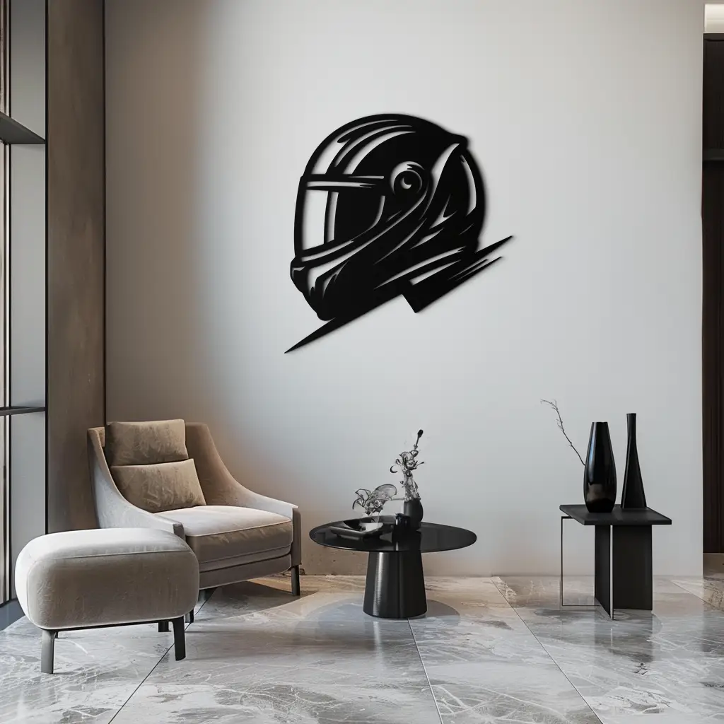 Racing Helmet Silhouette Metal Wall Art – Modern Motorsport Home Decor- KAF565 by Enova Art