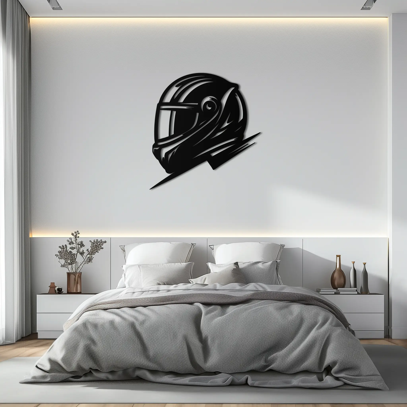 Racing Helmet Silhouette Metal Wall Art – Modern Motorsport Home Decor- KAF565 by Enova Art