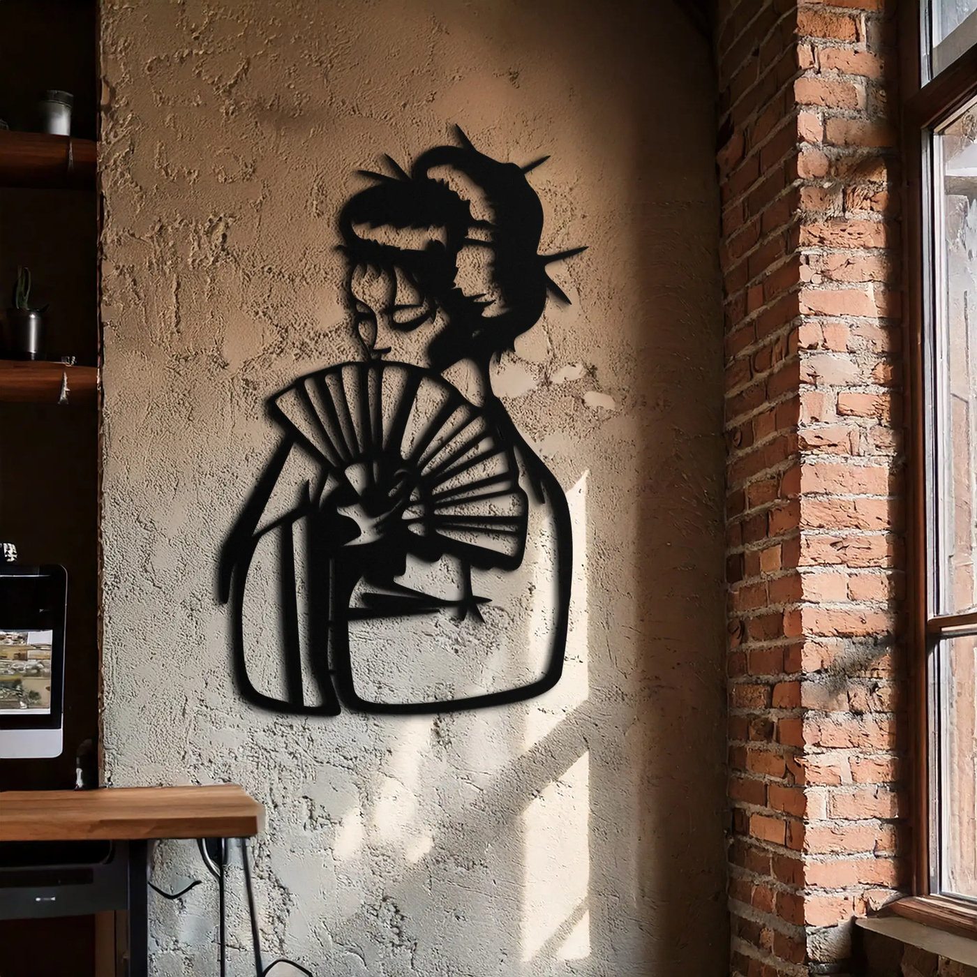 Geisha Silhouette Metal Wall Art – Japanese Woman with Fan Modern Decor- KAF568 by Enova Art