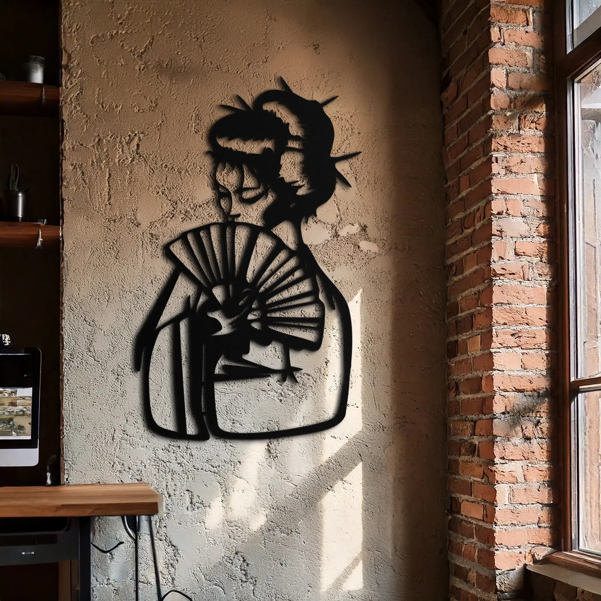 Geisha Silhouette Metal Wall Art – Japanese Woman with Fan Modern Decor- KAF568 by Enova Art