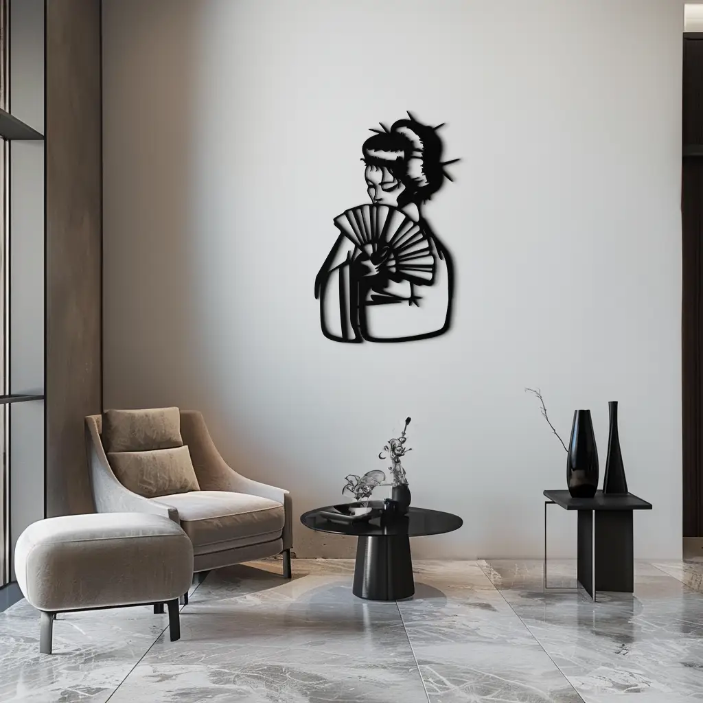 Geisha Silhouette Metal Wall Art – Japanese Woman with Fan Modern Decor- KAF568 by Enova Art