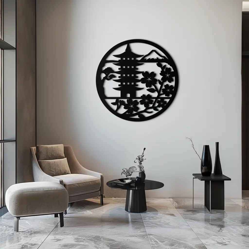 Japanese Pagoda and Sakura Flowers Metal Wall Art – Zen Garden Decor- KAF570 by Enova Art