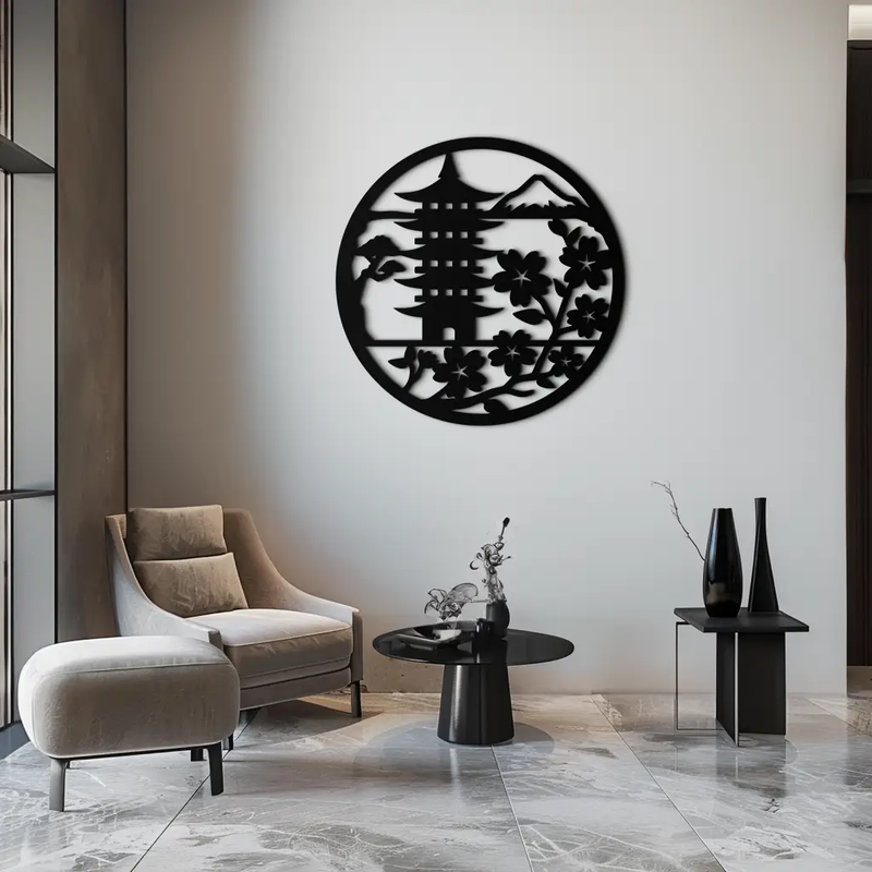 Japanese Pagoda and Sakura Flowers Metal Wall Art – Zen Garden Decor- KAF570 by Enova Art