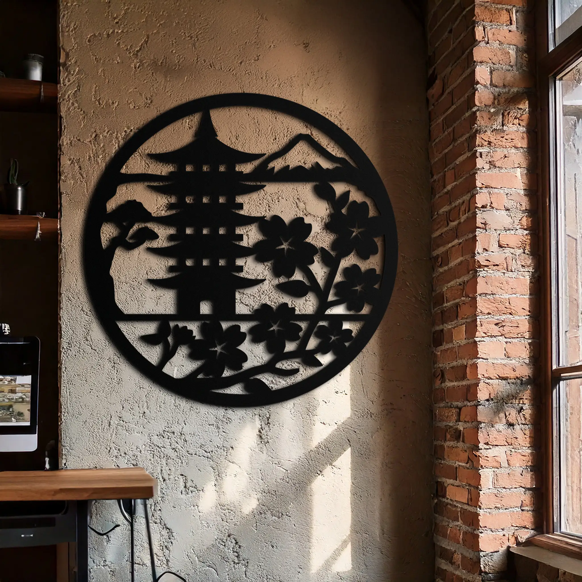 Japanese Pagoda and Sakura Flowers Metal Wall Art – Zen Garden Decor- KAF570 by Enova Art