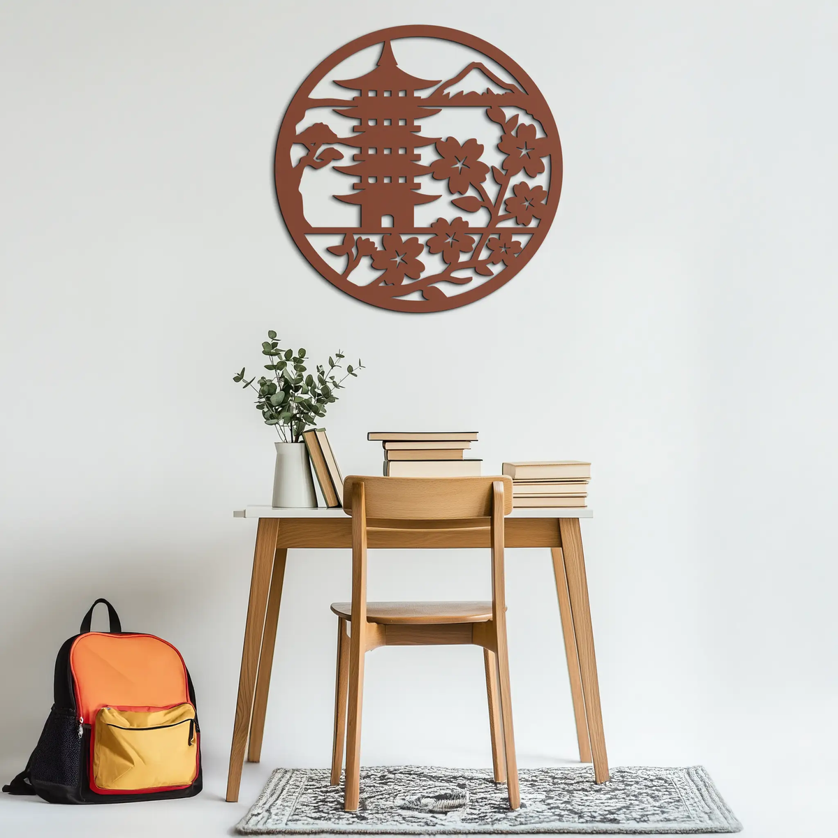 Japanese Pagoda and Sakura Flowers Metal Wall Art – Zen Garden Decor- KAF570 by Enova Art